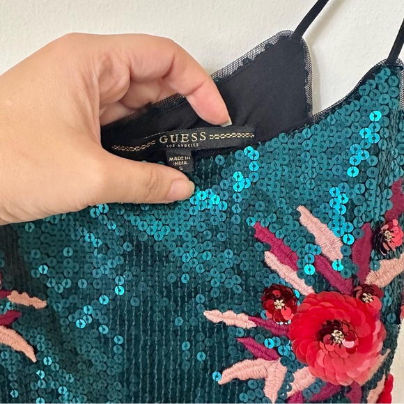 New Guess Green Sequined Bodycon Mini Dress With Floral Details Size S - Picture 5 of 8